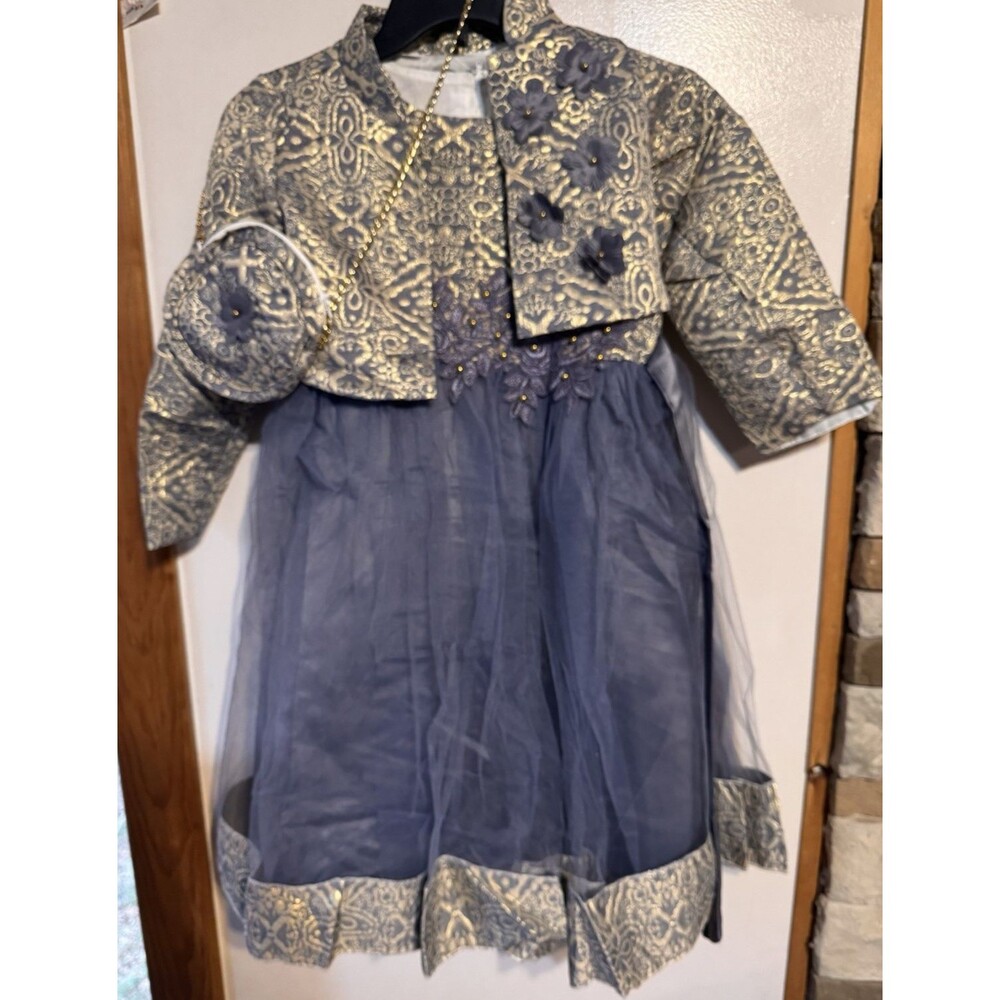 Girls Size 9 Jacquard Dress Sleeveless Dress with Jacket and Bag, Formal Blue